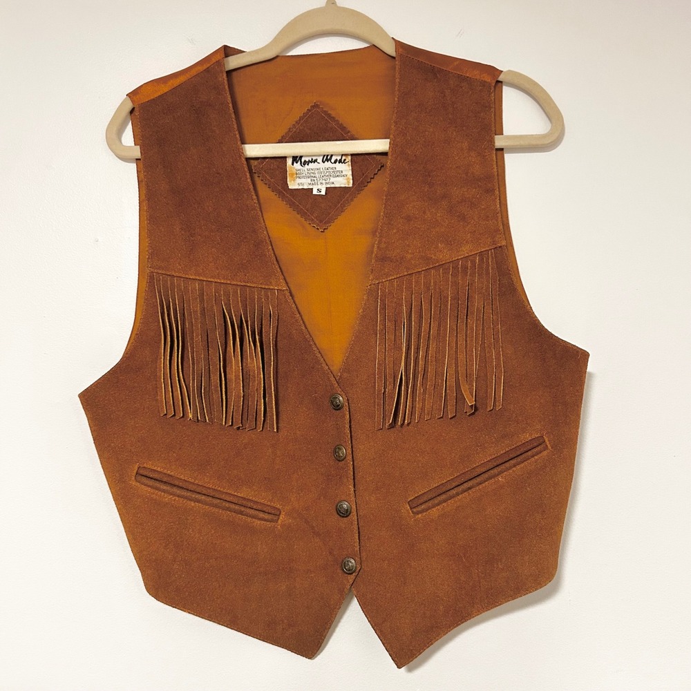 Mona Mode Brown Suede Leather Fringe Western Vest Star Buttons Small